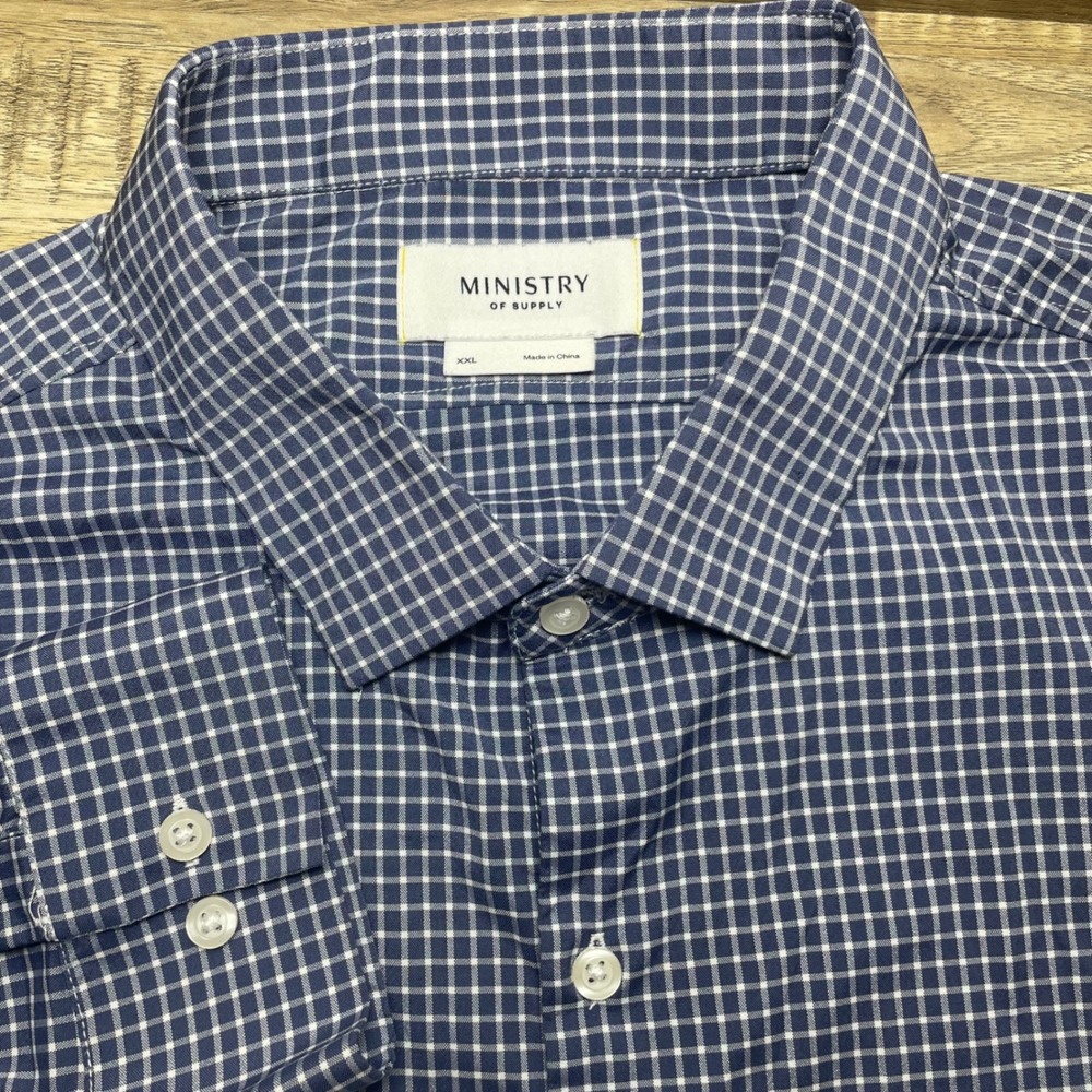 Ministry of Supply Button Up Dress Shirt Men XXL Blue‎ Check Stretch Performance